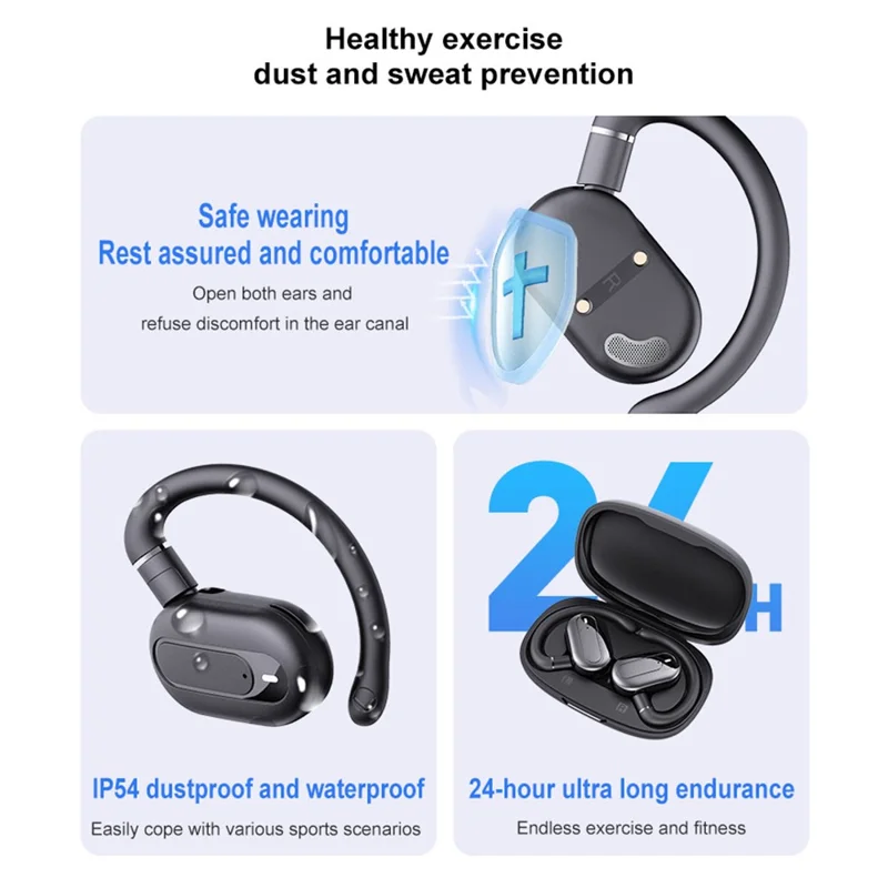 BT 5.4 AI Smart Translator Earbuds Open Ear Design Multi-Angle Adjustable Language Translation - Black