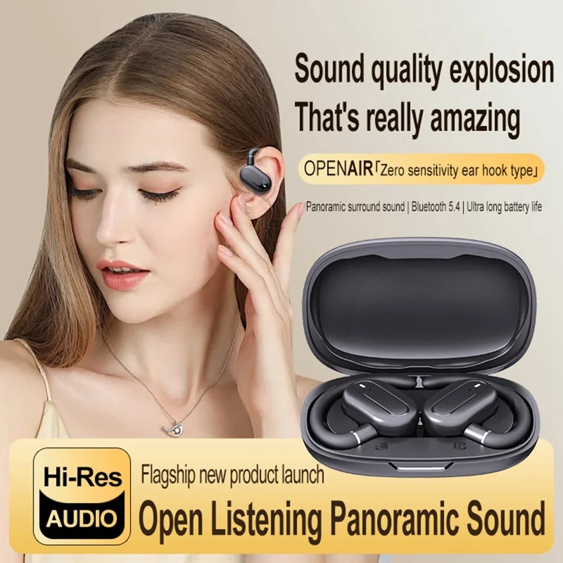 BT 5.4 AI Smart Translator Earbuds Open Ear Design Multi-Angle Adjustable Language Translation - Black