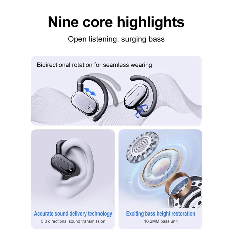 BT 5.4 AI Smart Translator Earbuds Open Ear Design Multi-Angle Adjustable Language Translation - Black