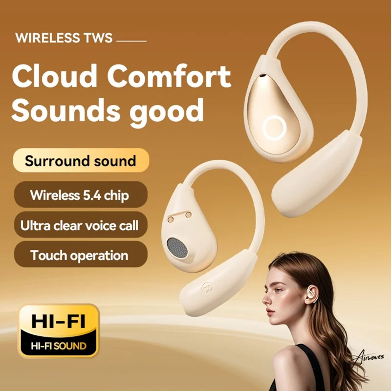 Беспроводные наушники с переводчиком на 144 языка, Bluetooth, с открытыми наушниками и функцией ИИ-перевода, в кожаном зарядном чехле - Телесный цвет