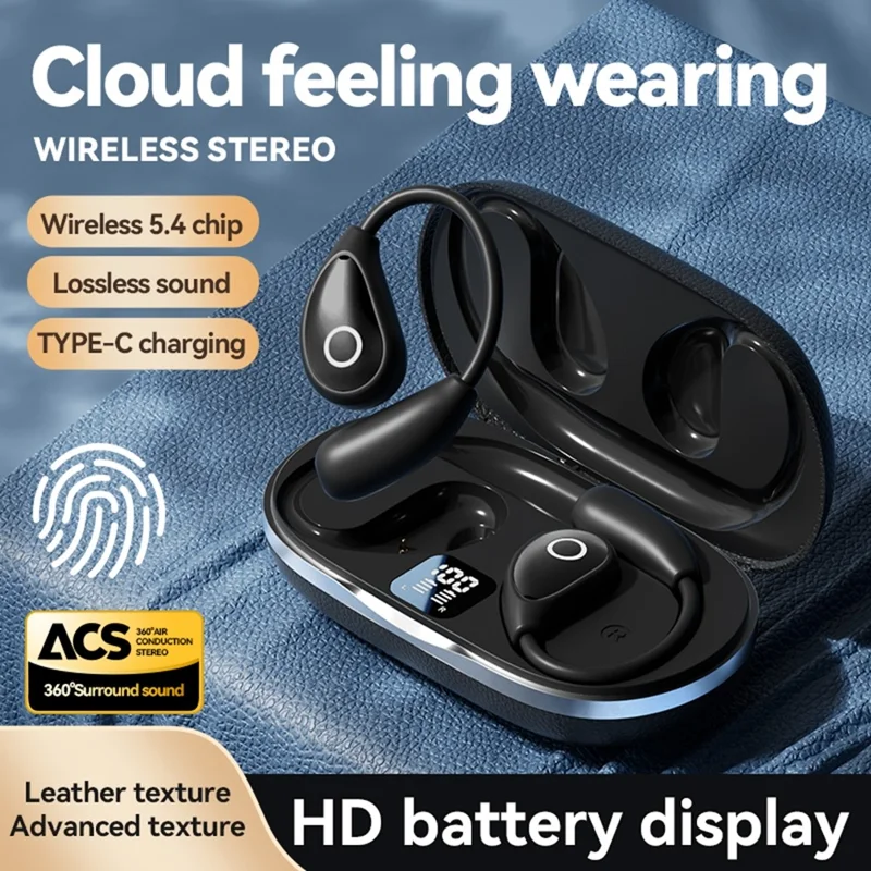 144 Languages Translator Bluetooth-compatible Earphones Open Ear AI Translation Earbuds with Leather Coated Charging Case - Black