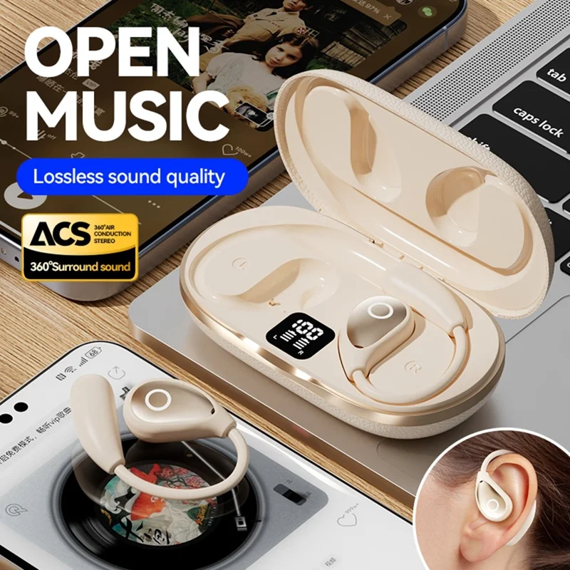 144 Languages Translator Bluetooth-compatible Earphones Open Ear AI Translation Earbuds with Leather Coated Charging Case - Black