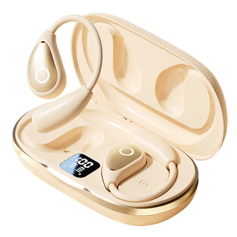 Open Ear Wireless Earbuds Noise Reduction Bluetooth-compatible Headphones with Leather Coated Charging Case - Nude