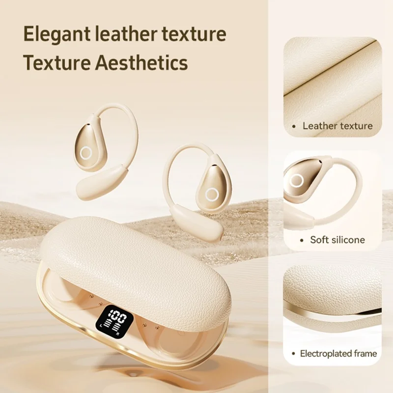 Open Ear Wireless Earbuds Noise Reduction Bluetooth-compatible Headphones with Leather Coated Charging Case - Nude