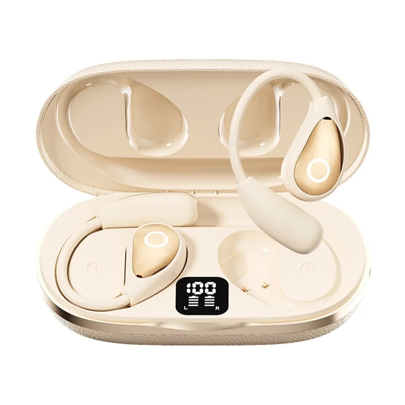 Open Ear Wireless Earbuds Noise Reduction Bluetooth-compatible Headphones with Leather Coated Charging Case - Nude