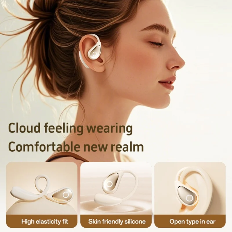 Open Ear Wireless Earbuds Noise Reduction Bluetooth-compatible Headphones with Leather Coated Charging Case - Nude