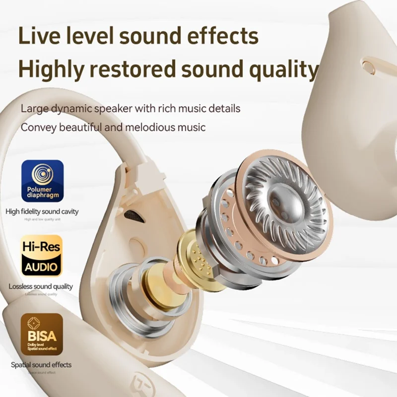 Open Ear Wireless Earbuds Noise Reduction Bluetooth-compatible Headphones with Leather Coated Charging Case - Nude