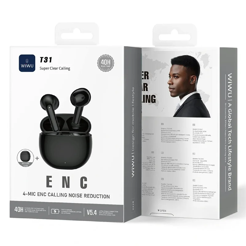 WIWU T31 ENC Wireless Bluetooth-Compatible Earphones 4 Mic Noise Cancellation Waterproof Music Headsets - Black