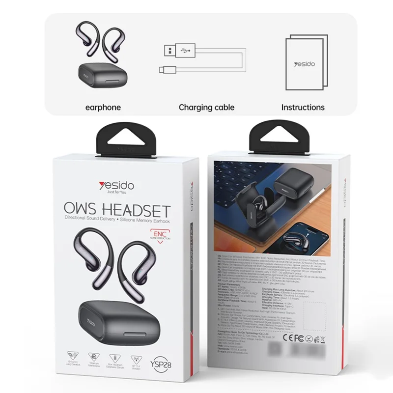 YESIDO YSP28 OWS Cuffie Bluetooth Sportive Professionali con Design Open Ear e Cancellazione del Rumore ENC