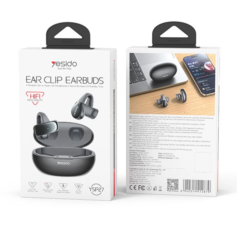 YESIDO YSP27 OWS Écouteurs sans fil compatibles Bluetooth Clip d'oreille Conception à oreille ouverte Annulation du bruit ENC Casque