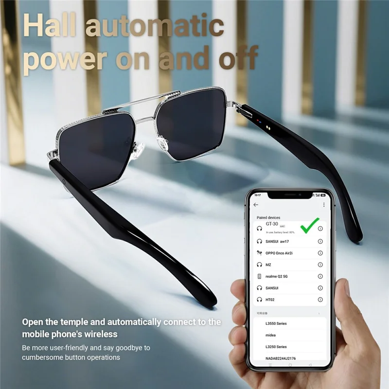 GT-30 Gafas Inteligentes de Traducción por IA con Audio HD, Música Bluetooth, Llamadas y Protección UV - Plata+Gris