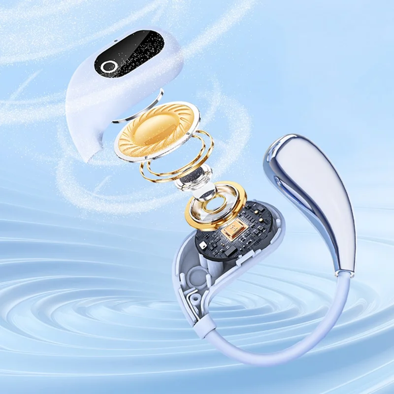 BT 5.4 Mini TWS Earbuds Smart Digital Display Earhook Wireless Sports Headset AI Translation Headphones - Blue