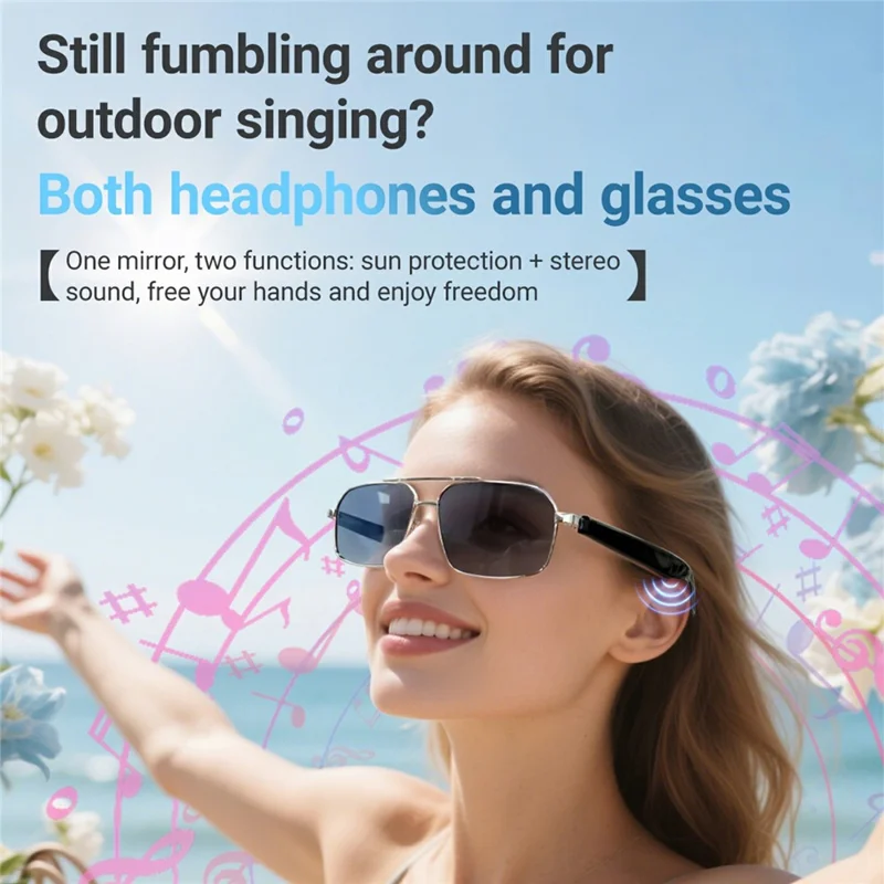 Óculos de Sol de Proteção UV400 GT-31 Compatíveis com Música Bluetooth HD, Chamadas e Tradução Inteligente - Prata+Cinza