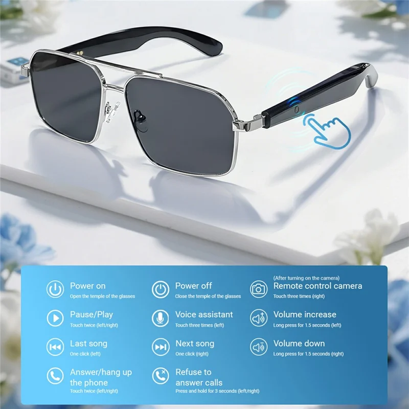 Óculos de Sol de Proteção UV400 GT-31 Compatíveis com Música Bluetooth HD, Chamadas e Tradução Inteligente - Prata+Cinza