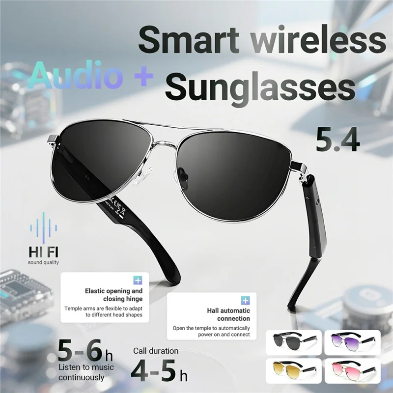 GT-32 Bluetooth-compatible Music Eyeglasses AI Translation Smart Glasses UV Protection Sunglasses - Silver+Grey