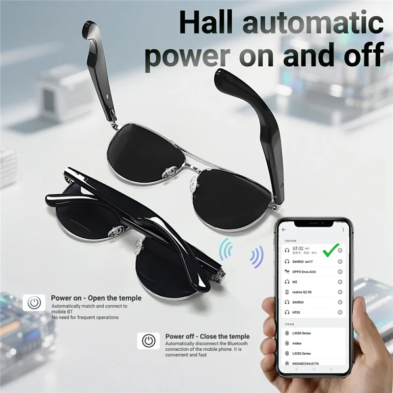 GT-32 Bluetooth-compatible Music Eyeglasses AI Translation Smart Glasses UV Protection Sunglasses - Silver+Grey