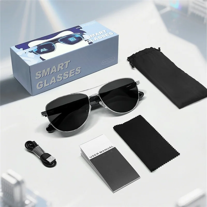 GT-32 Bluetooth-compatible Music Eyeglasses AI Translation Smart Glasses UV Protection Sunglasses - Silver+Grey