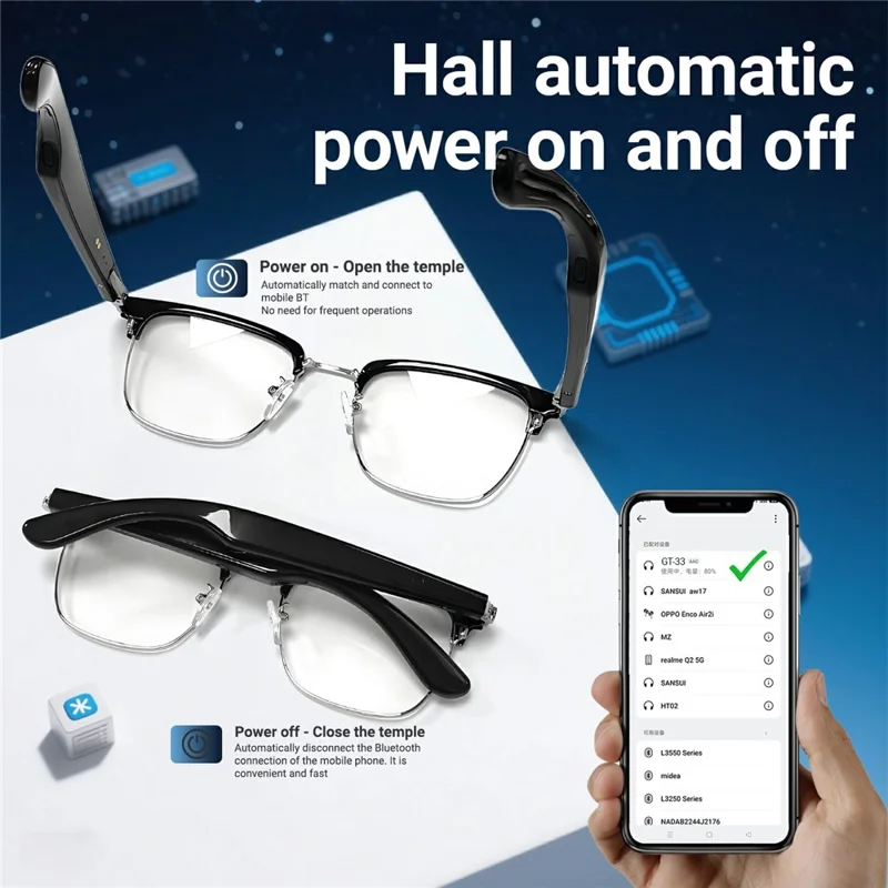 GT-33 Lunettes intelligentes de traduction AI Anti-lumière bleue avec support Bluetooth pour musique et appels - Or + Fauve