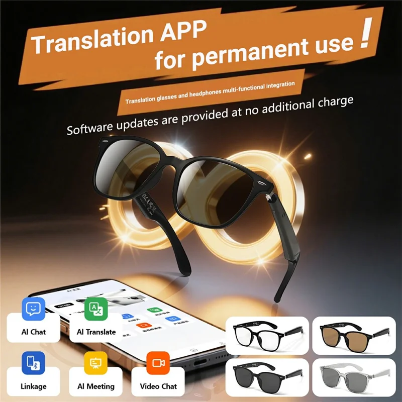GT-35 AI Intelligent Translation Glasses Blue Light / UV Protection Bluetooth-compatible Music / Call Eyeglasses - Black+Anti Blue Light Lens