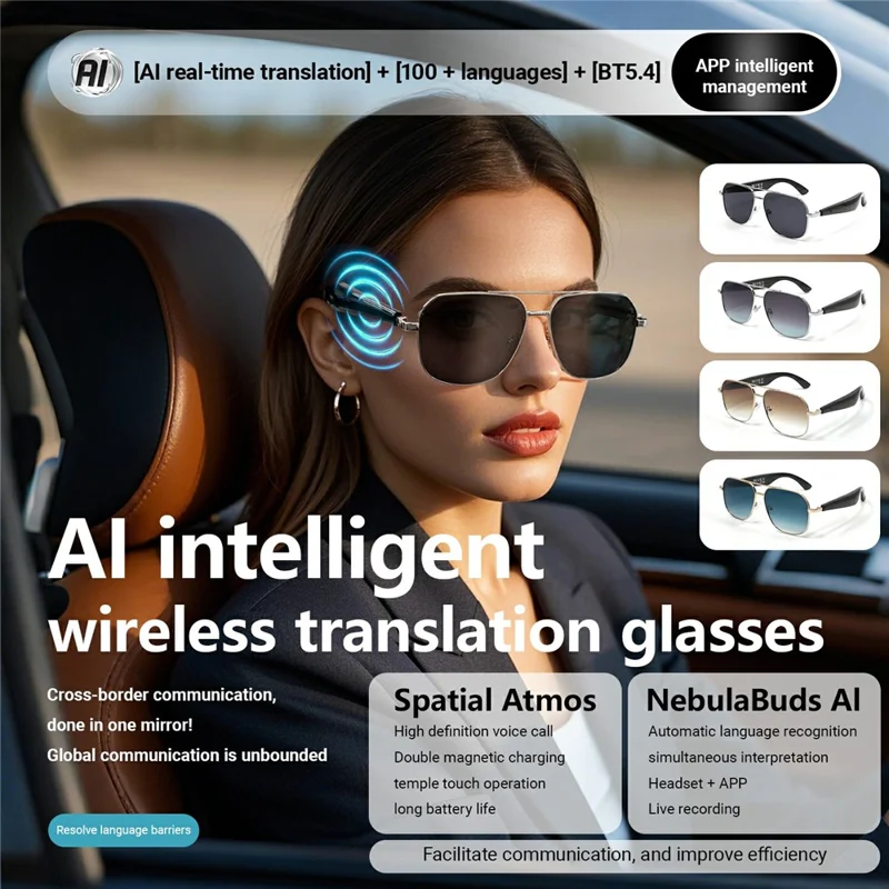 GY100 AI Translation Wireless Eyeglasses Touch Control HD Audio Bluetooth-compatible Smart Glasses - Silver Frame+Grey Lens