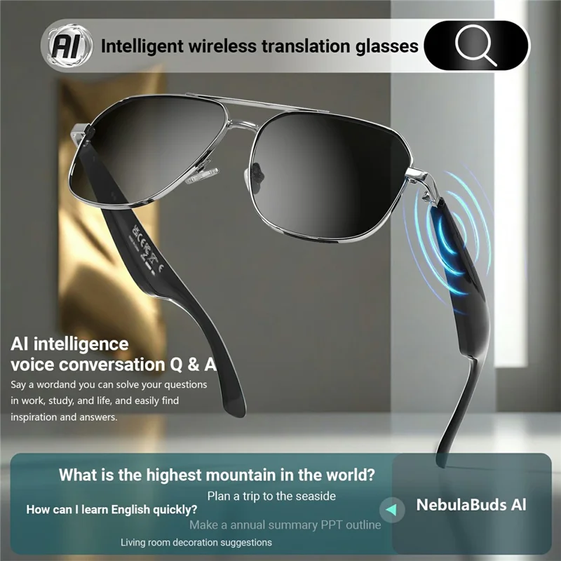GY100 AI Translation Wireless Eyeglasses Touch Control HD Audio Bluetooth-compatible Smart Glasses - Silver Frame+Grey Lens