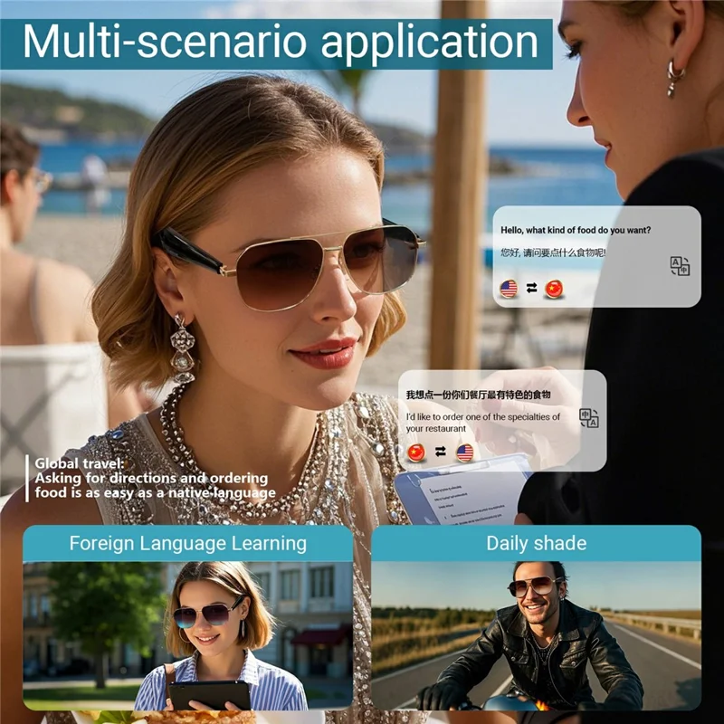 GY100 AI Translation Wireless Eyeglasses Touch Control HD Audio Bluetooth-compatible Smart Glasses - Silver Frame+Grey Lens
