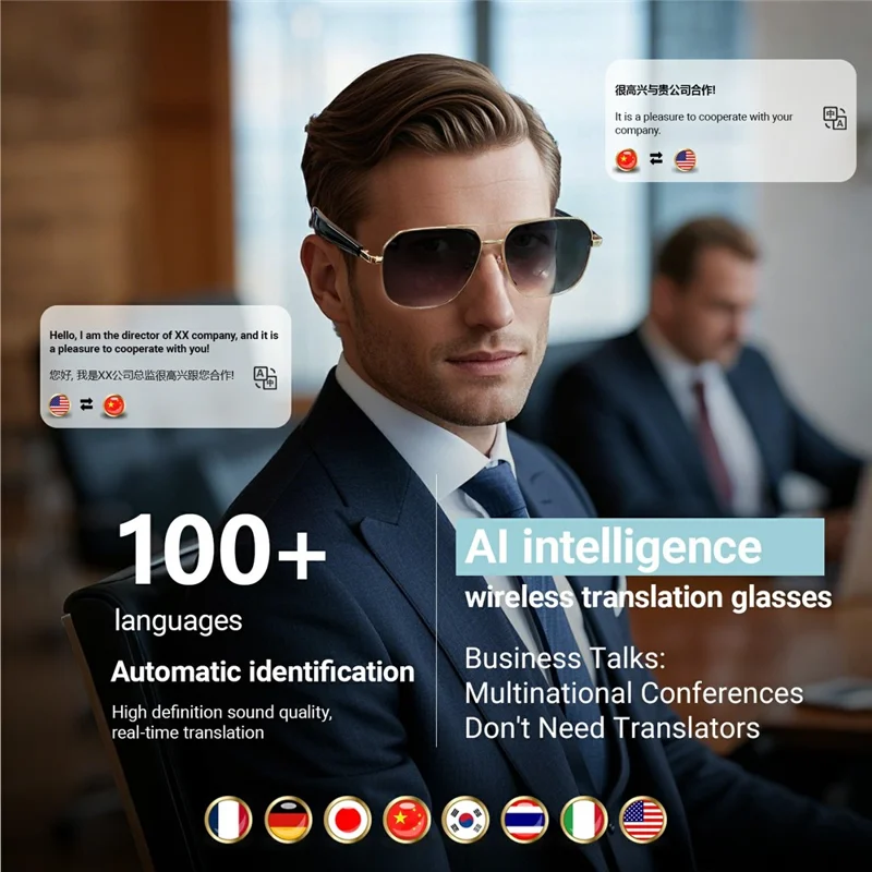 GY100 AI Translation Wireless Eyeglasses Touch Control HD Audio Bluetooth-compatible Smart Glasses - Gold Frame+Tan Lens