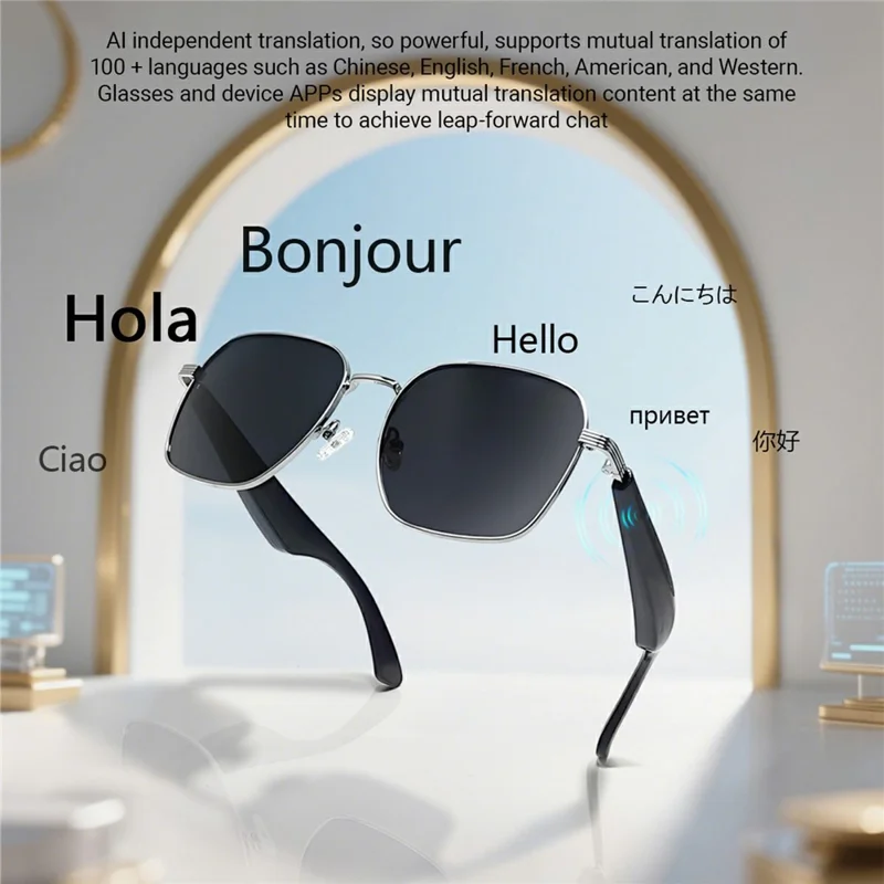 Gafas de sol inteligentes GY200 compatibles con Bluetooth, música, llamadas, IA y traducción, con protección UV para exteriores - Montura plateada + Lente gris