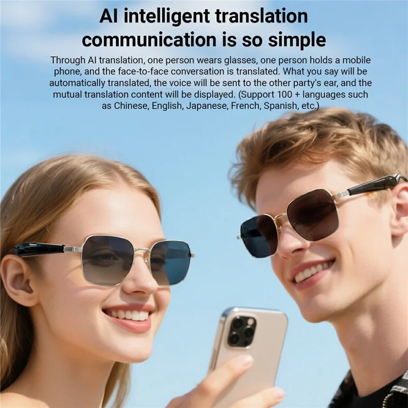 Gafas de sol inteligentes GY200 compatibles con Bluetooth, música, llamadas, IA y traducción, con protección UV para exteriores - Montura plateada + Lente gris