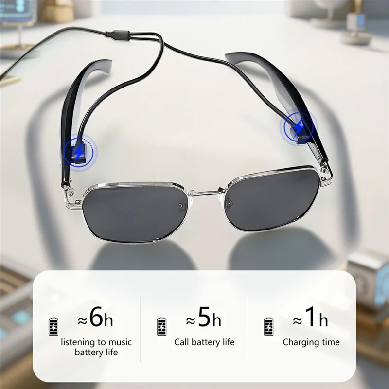 Gafas de sol inteligentes GY200 compatibles con Bluetooth, música, llamadas, IA y traducción, con protección UV para exteriores - Montura plateada + Lente gris