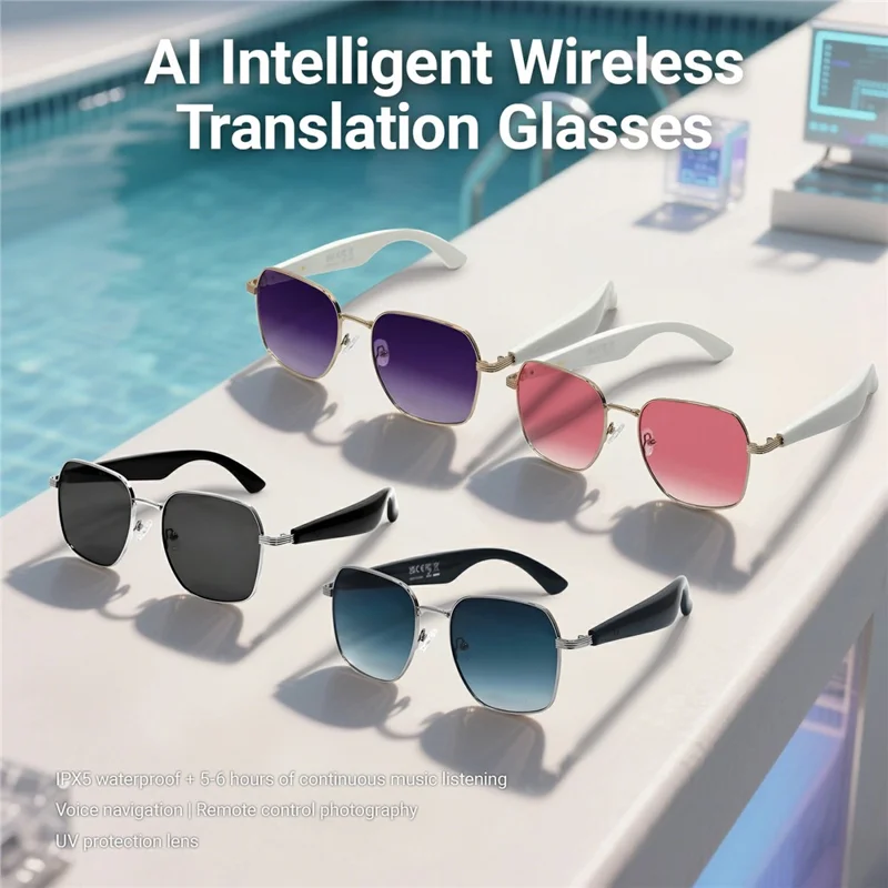 Gafas de sol inteligentes GY200 compatibles con Bluetooth, música, llamadas, IA y traducción, con protección UV para exteriores - Montura plateada + Lente gris