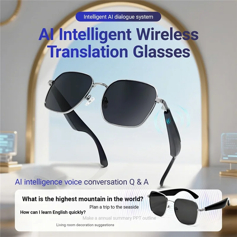 Gafas de sol inteligentes GY200 compatibles con Bluetooth, música, llamadas, IA y traducción, con protección UV para exteriores - Montura plateada + Lente gris
