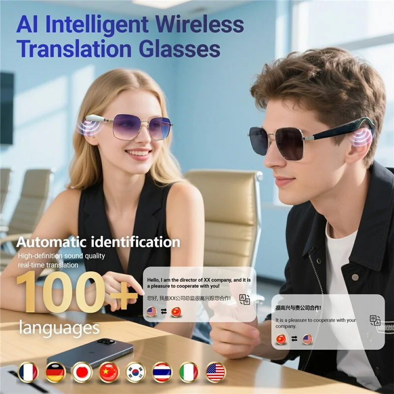 Gafas de sol inteligentes GY200 compatibles con Bluetooth, música, llamadas, IA y traducción, con protección UV para exteriores - Montura plateada + Lente gris