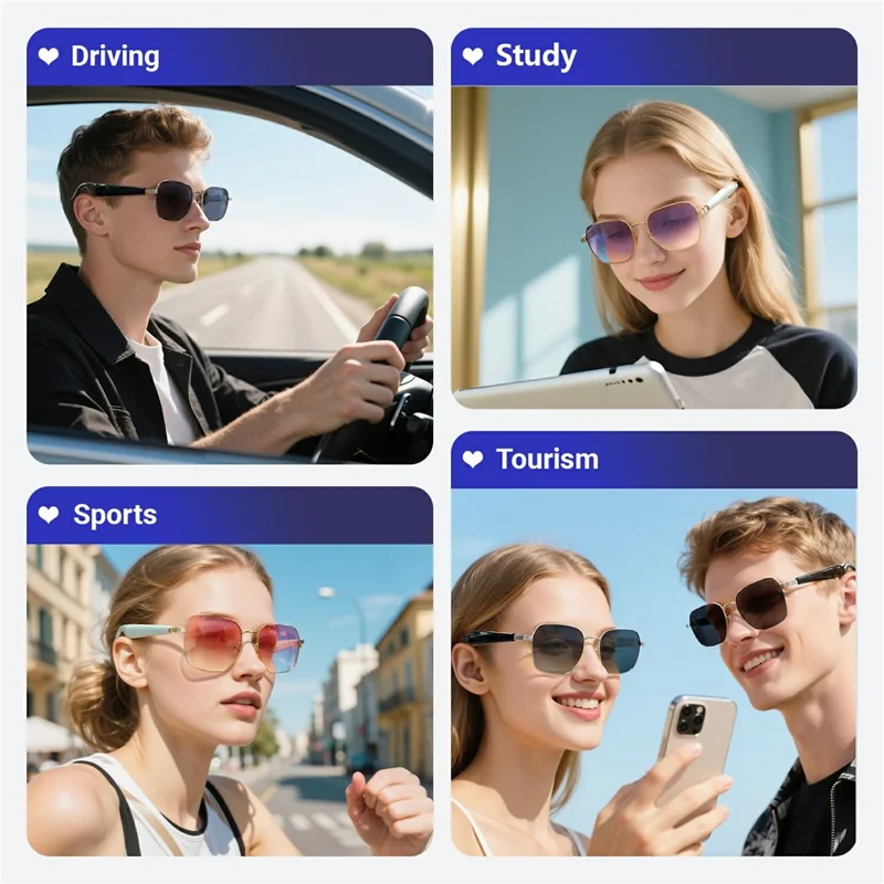 Gafas de sol inteligentes GY200 compatibles con Bluetooth, música, llamadas, IA y traducción, con protección UV para exteriores - Montura plateada + Lente gris