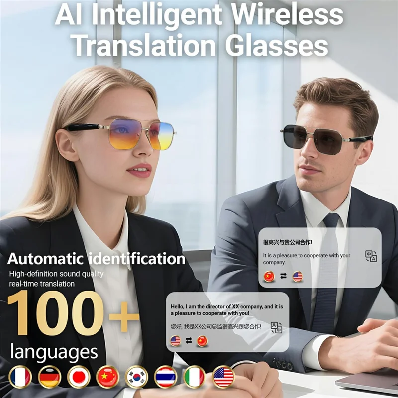 Gafas inteligentes de traducción GY300 AI Auriculares inalámbricos compatibles con Bluetooth Gafas de sol deportivas antirrayos UV - Montura dorada + Lente marrón