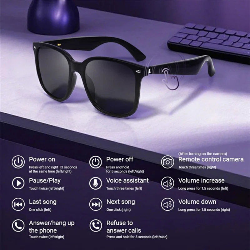 GY500 Gafas Inteligentes de Traducción con Control Táctil AI, Gafas de Sol Anti UV, Auriculares Bluetooth Compatibles - Montura Transparente + Lente Púrpura Degradada