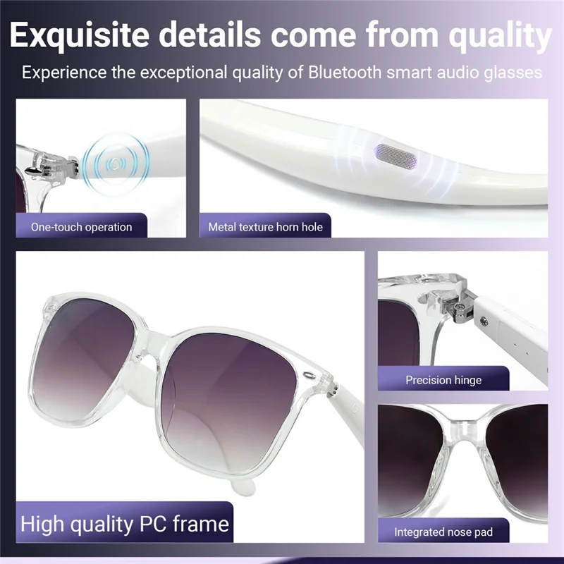 GY500 Gafas Inteligentes de Traducción con Control Táctil AI, Gafas de Sol Anti UV, Auriculares Bluetooth Compatibles - Montura Transparente + Lente Púrpura Degradada