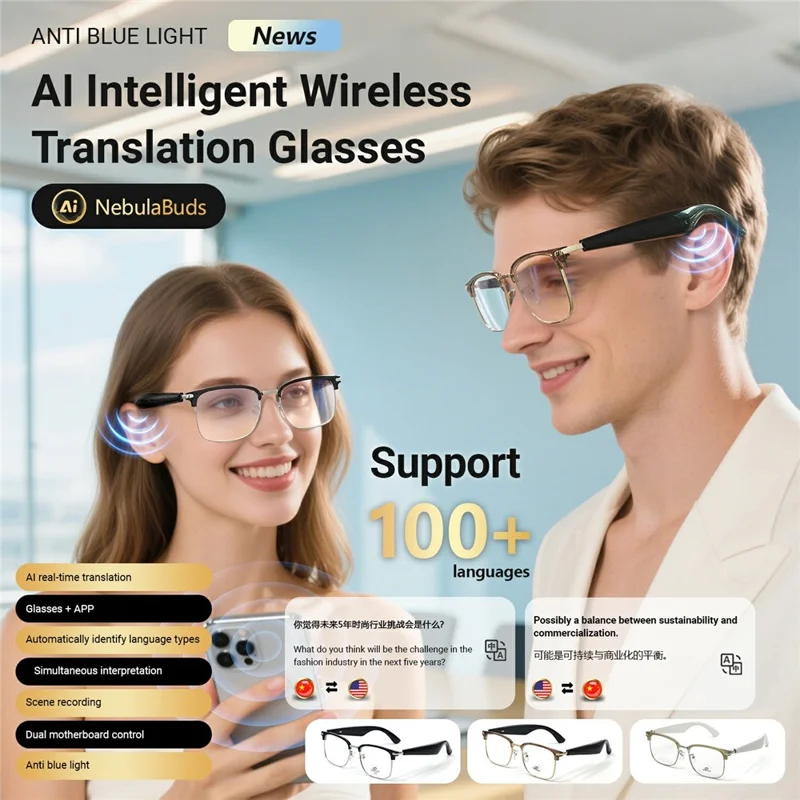 GY600 Умные очки для перевода AI Bluetooth-совместимая беспроводная гарнитура Очки с защитой от синего света - Серебристый+Черный