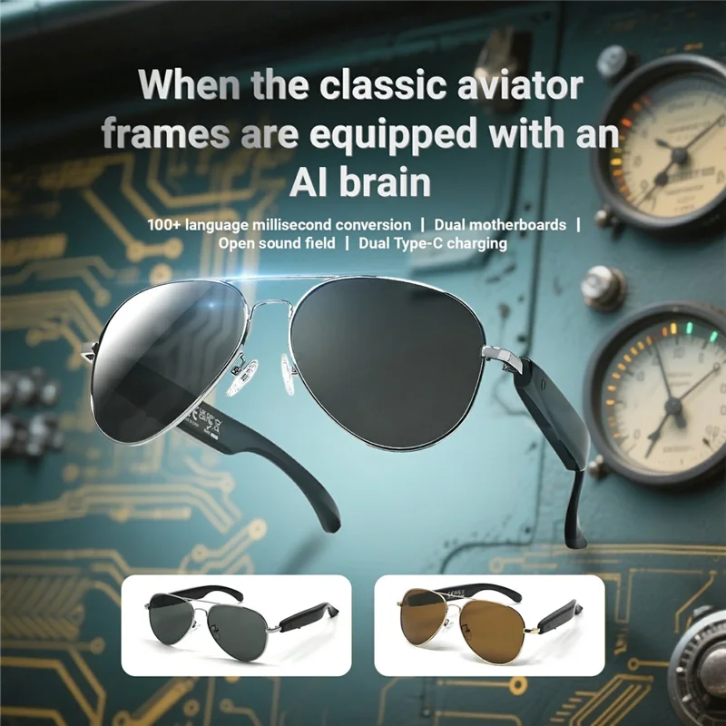 F18 AI Translation Bluetooth-compatible Earphone Glasses Wireless Headset UV Protection Smart Sunglasses - Gold Frame+Tan Lens