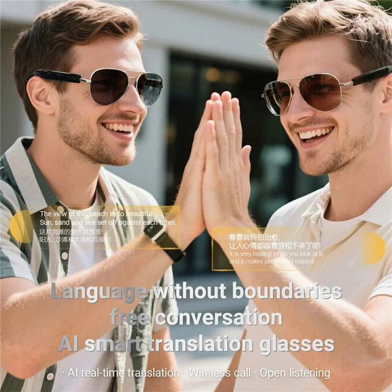 F18 AI Translation Bluetooth-compatible Earphone Glasses Wireless Headset UV Protection Smart Sunglasses - Gold Frame+Tan Lens