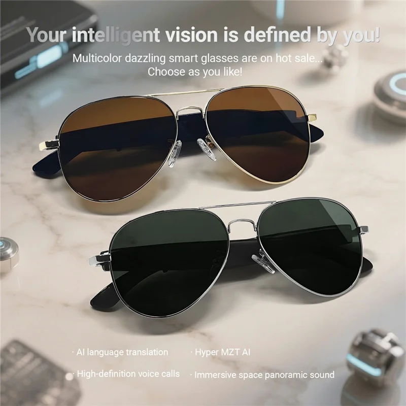 F18 AI Translation Bluetooth-compatible Earphone Glasses Wireless Headset UV Protection Smart Sunglasses - Gold Frame+Tan Lens