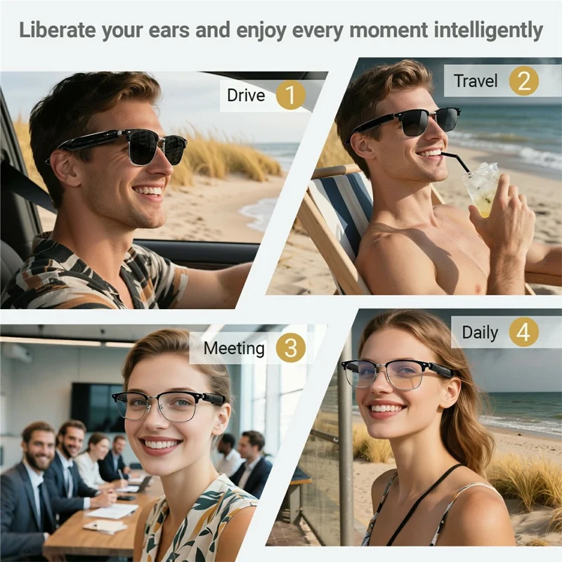 Auriculares inalámbricos de traducción de IA F20, gafas inteligentes compatibles con Bluetooth, música, llamadas, gafas inteligentes - Montura plateada / Antiazul