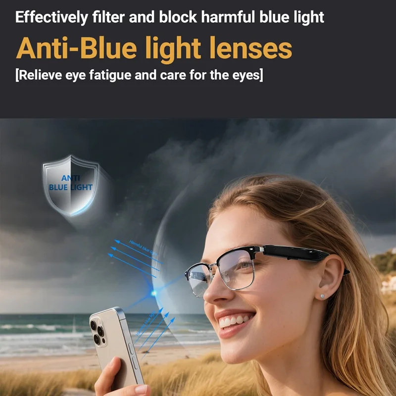 Auriculares inalámbricos de traducción de IA F20, gafas inteligentes compatibles con Bluetooth, música, llamadas, gafas inteligentes - Montura plateada / Antiazul
