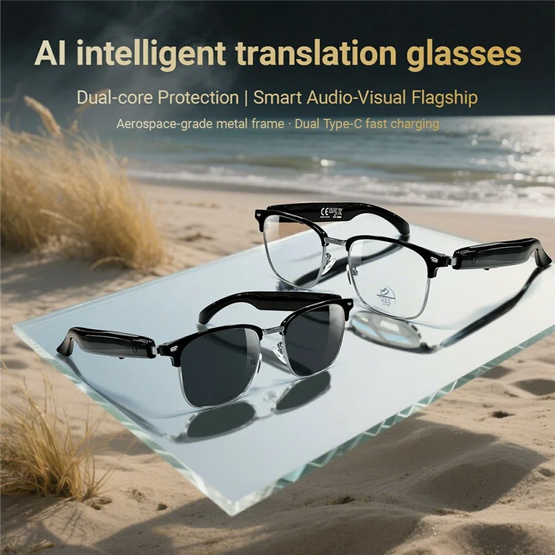 Auriculares inalámbricos de traducción de IA F20, gafas inteligentes compatibles con Bluetooth, música, llamadas, gafas inteligentes - Montura plateada / Antiazul