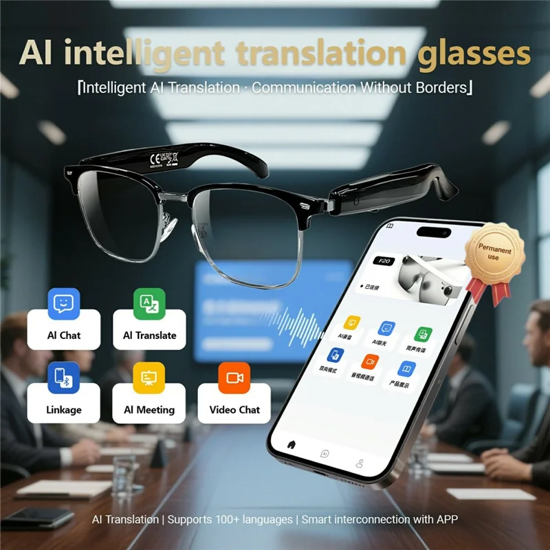 Auriculares inalámbricos de traducción de IA F20, gafas inteligentes compatibles con Bluetooth, música, llamadas, gafas inteligentes - Montura plateada / Antiazul