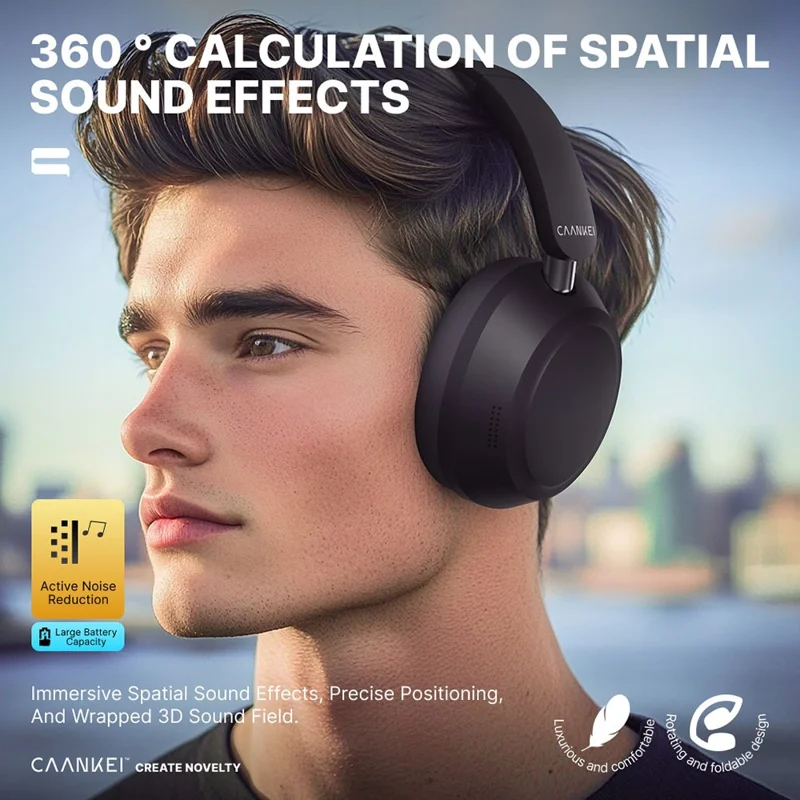 CAANKEI Wireless Headphones Active Noise Cancelling Bluetooth-Compatible Headset Over-Ear - Black