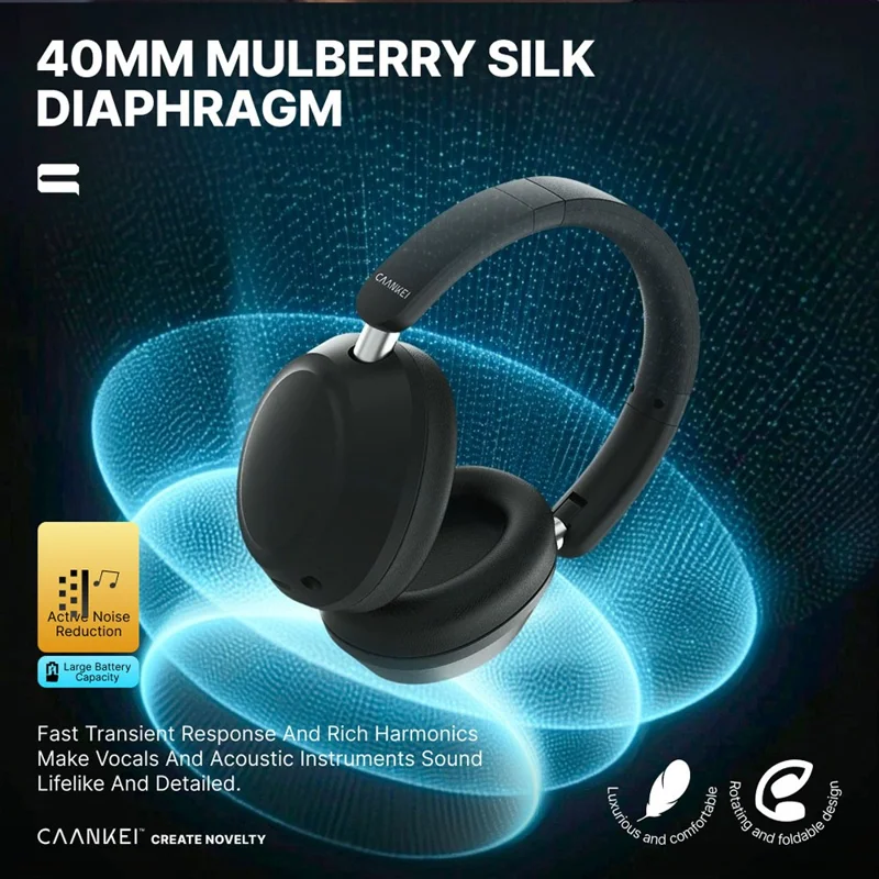CAANKEI Wireless Headphones Active Noise Cancelling Bluetooth-Compatible Headset Over-Ear - Black