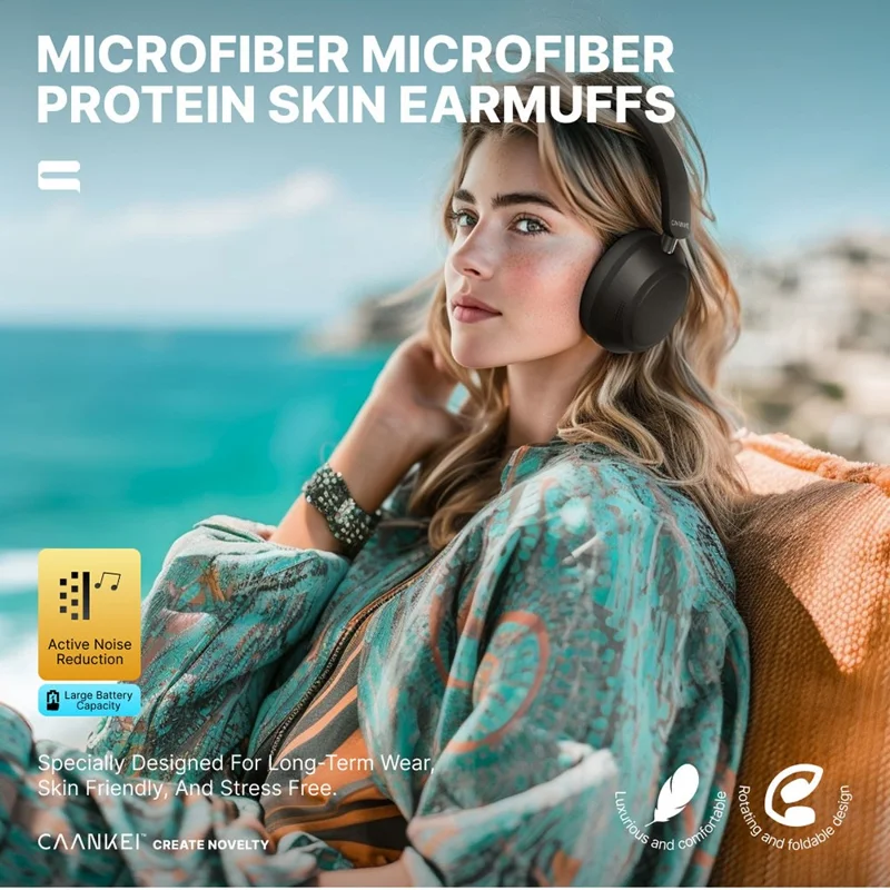 CAANKEI Wireless Headphones Active Noise Cancelling Bluetooth-Compatible Headset Over-Ear - Black