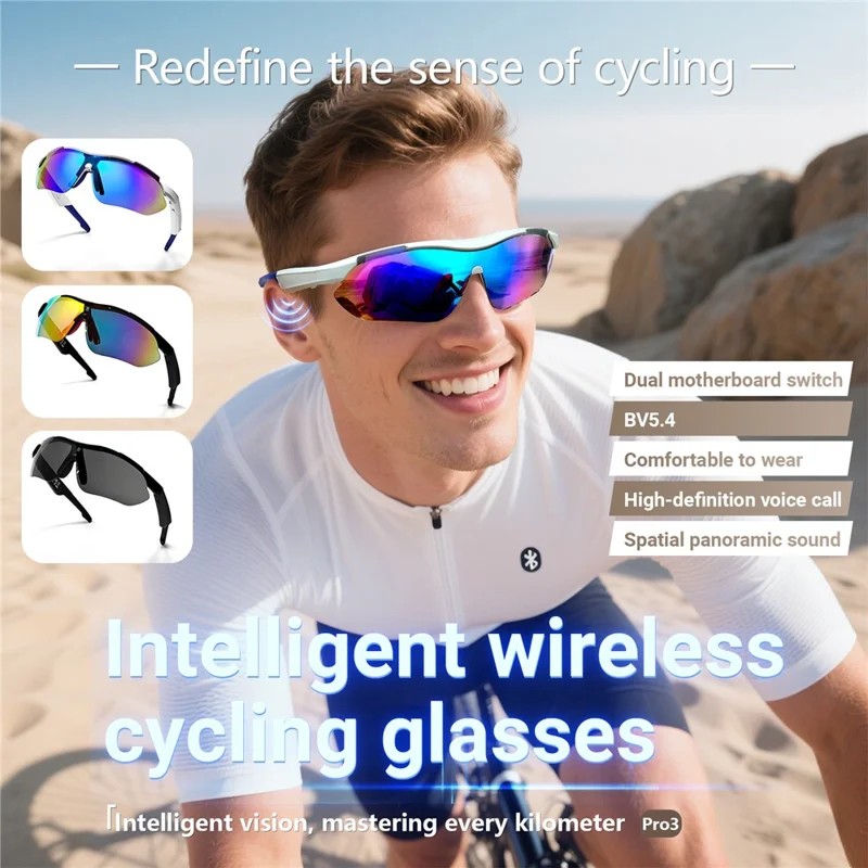 Occhiali da sole sportivi QY-Pro3 AI Bluetooth compatibili per attività all'aperto, ciclismo, musica e chiamate - Bianco+Blu