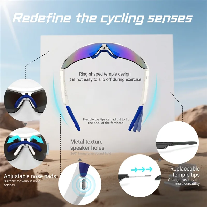 Occhiali da sole sportivi QY-Pro3 AI Bluetooth compatibili per attività all'aperto, ciclismo, musica e chiamate - Bianco+Blu